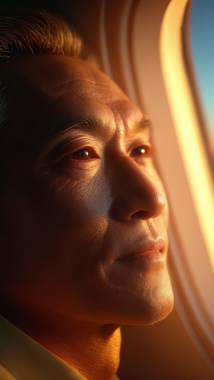 A contemplative man gazes thoughtfully out of an airplane window, illuminated by golden sunlight, reflecting on his journey and the moments in life that define him