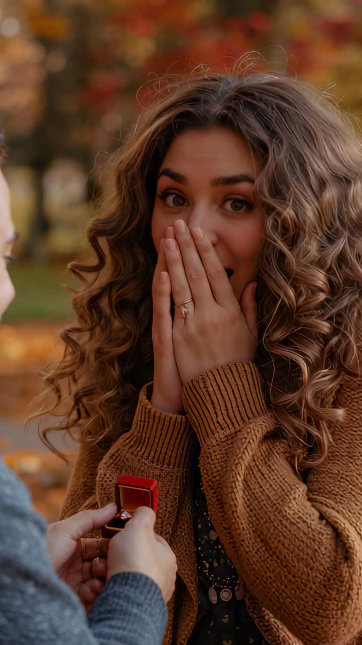 Vertical video: Holding ring box, person proposing to woman in cardigan in park, gasping into smile