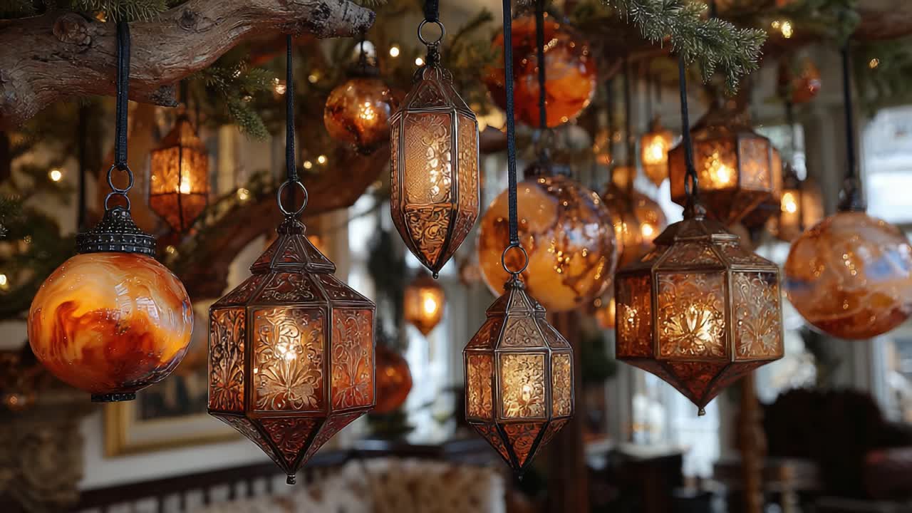 A Beautiful Display of Ornate Lanterns Hanging from Natural Branches, Illuminating a Warm and Inviting Space with Their Cozy Glow