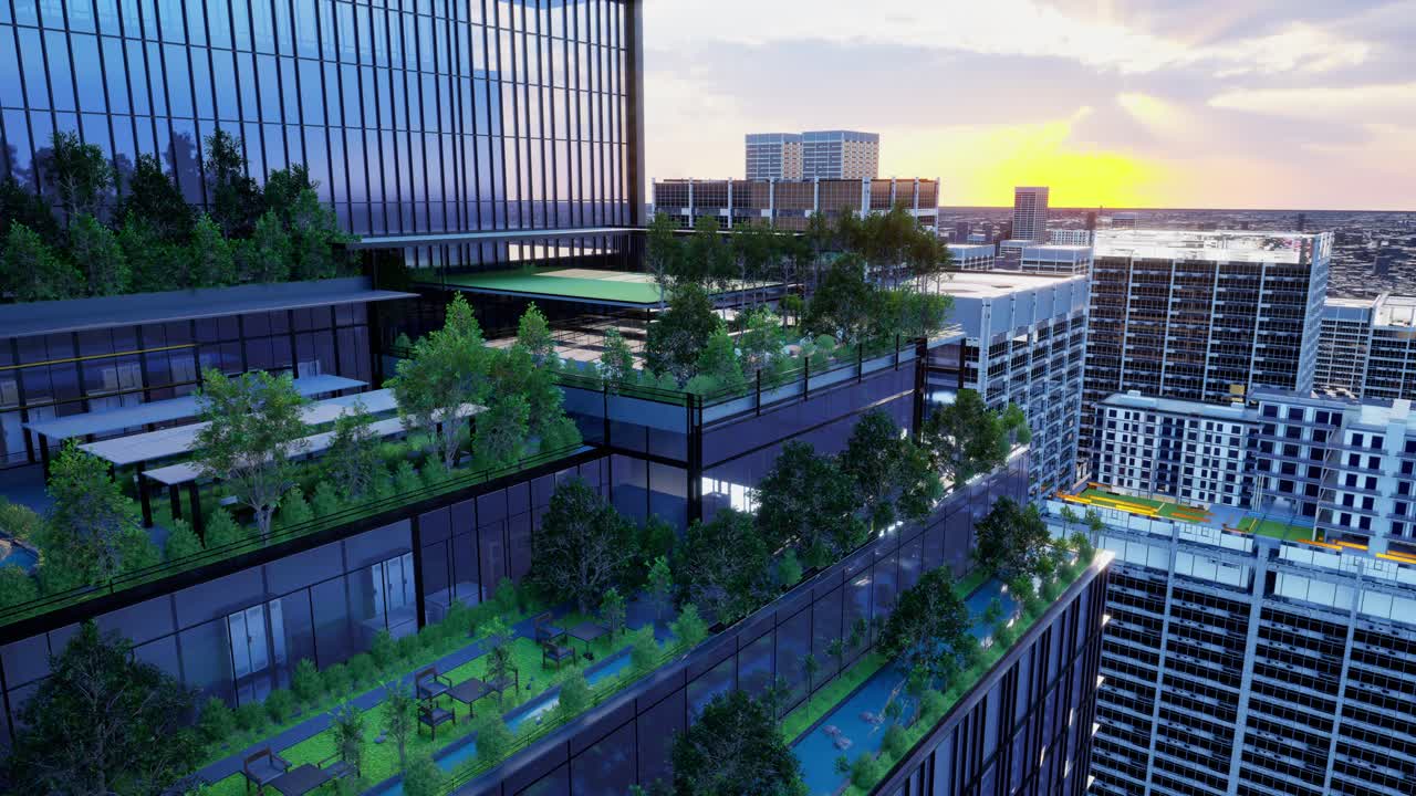 Sustainable Green Building. Eco-Friendly Building. Sustainable Glass Office Building With Tree For Reducing Carbon Dioxide. Office With Green Environment. Corporate Building Reduce Co2. Safety Glass