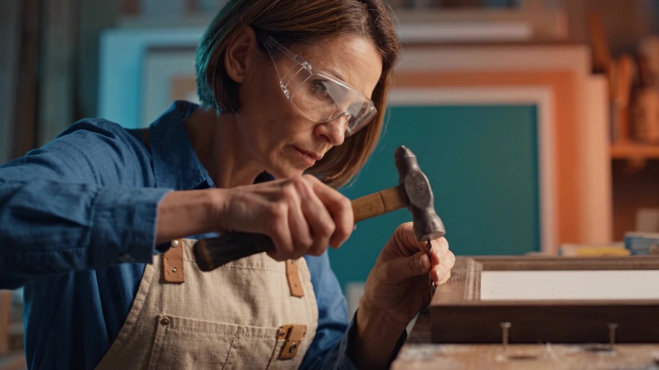 Artigiana concentrata impegnata nella lavorazione del legno, che inchioda con cura un chiodo in una cornice, enfatizzando precisione e abilità artistica in un ambiente di laboratorio