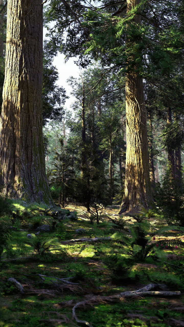 Scena forestale con alberi alti e luce solare che filtra tra le foglie