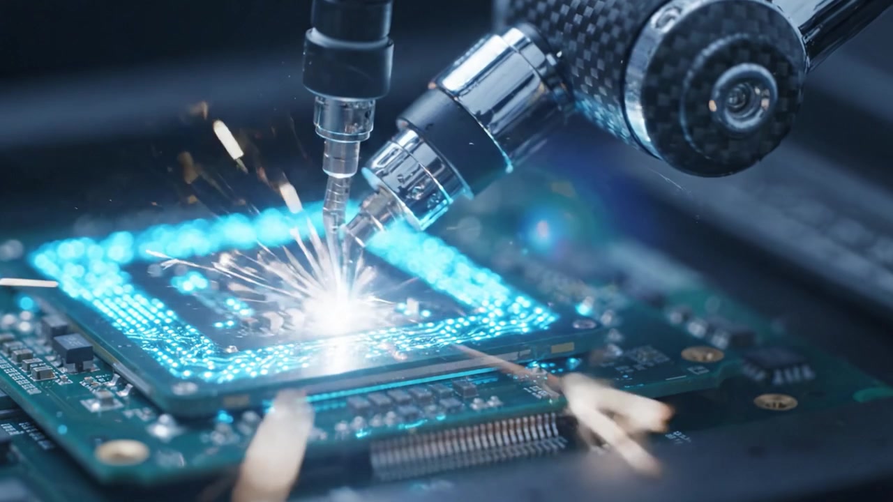 Teknologi Canggih Beraksi: Tampilan Dekat Penyolderan Elektronik Presisi pada Papan Sirkuit Mikroprosesor dengan Visual Cahaya dan Detail yang Rumit