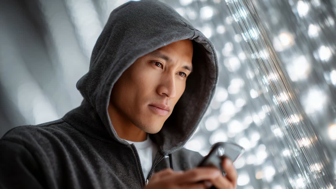A focused individual in a hooded sweatshirt interacts with a mobile device amidst a backdrop of shimmering lights, capturing a moment of modern connectivity and personal reflection in an illuminated environment