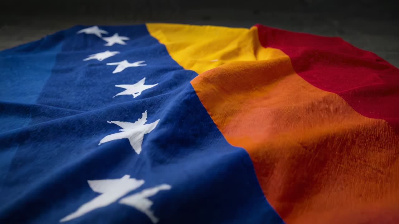 Camera che si sposta causando lo spostamento della bandiera tricolore in studio, rivelando stelle, bande rosse gialle, pieghe