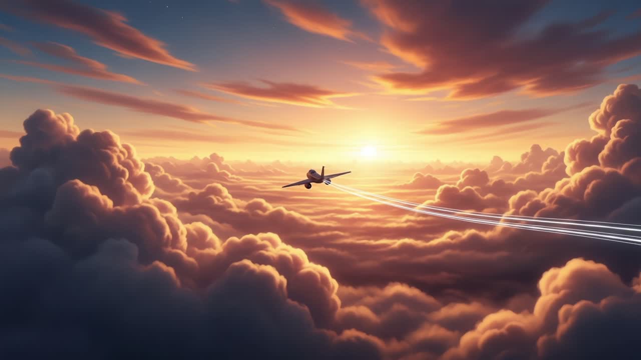 A breathtaking journey through vibrant skies at sunset, showcasing a soaring aircraft gracefully gliding above the cotton-like clouds, leaving trails of light as dusk settles in