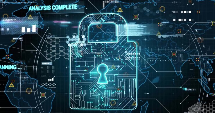 Digital Cybersecurity Concept with Glowing Circuit Board Padlock and Global Data Network