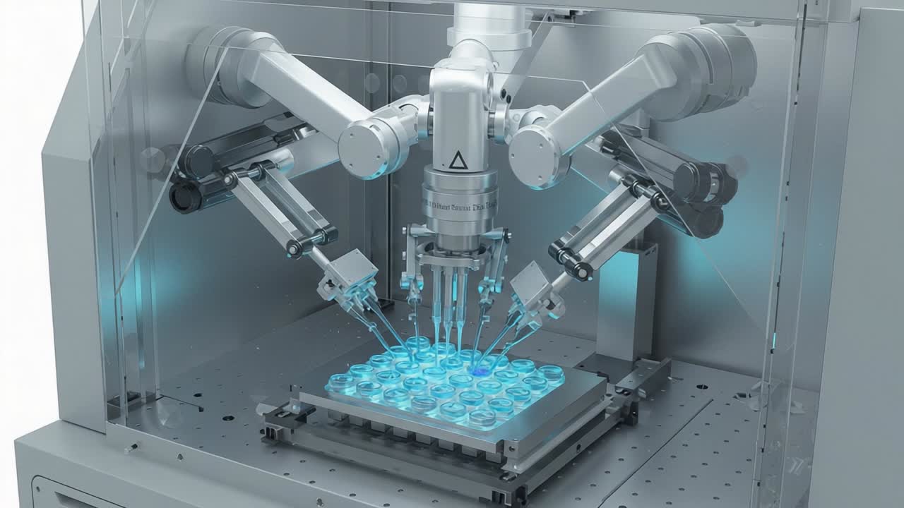 Automated Liquid Handling Robotics in Action: A High-Tech Laboratory System Utilizing Multiple Pipetting Arms for Precise Dispensing in Sample Analysis and Research Applications