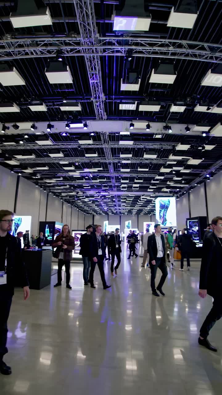 Wide-angle shot of a modern exhibition hall with people walking, showcasing a tech event atmosphere