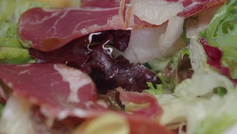 close-up of a fresh salad with cured meat and lettuce