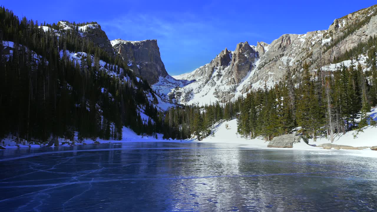 Frossen blå isfarge Dream Lake Colorado RMNP Emerald Lake Rocky Mountain National Park solrik blå himmel Hallett Peak Flattop Mountains Estes Park Bear Lake tursti snøfokk vindfullt stativ