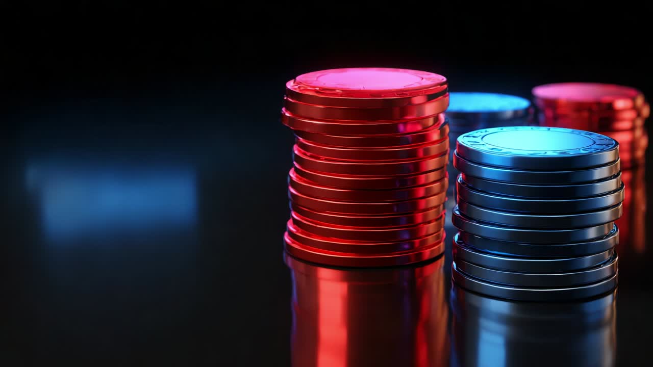 A Stunning Display of Colorful Stacked Chips in Contrast - This image captures the vibrancy of red and blue gaming chips arranged prominently against a sleek black background, highlighting their shine and texture