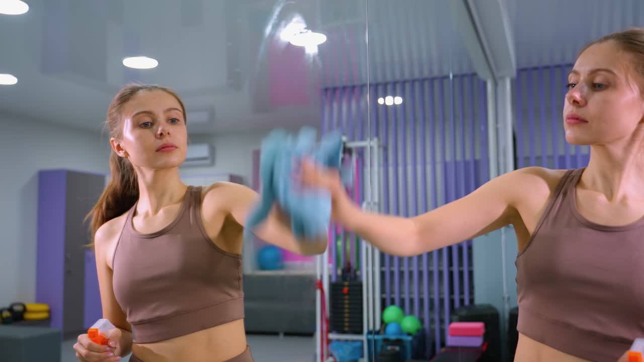 mujer atlética pulveriza limpiador de vidrio en el espejo y lo limpia con un paño, el reflejo captura el interior del gimnasio con equipos de entrenamiento, acentos rosados y espacio organizado