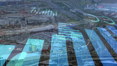 animation of statistics and financial data processing over cityscape