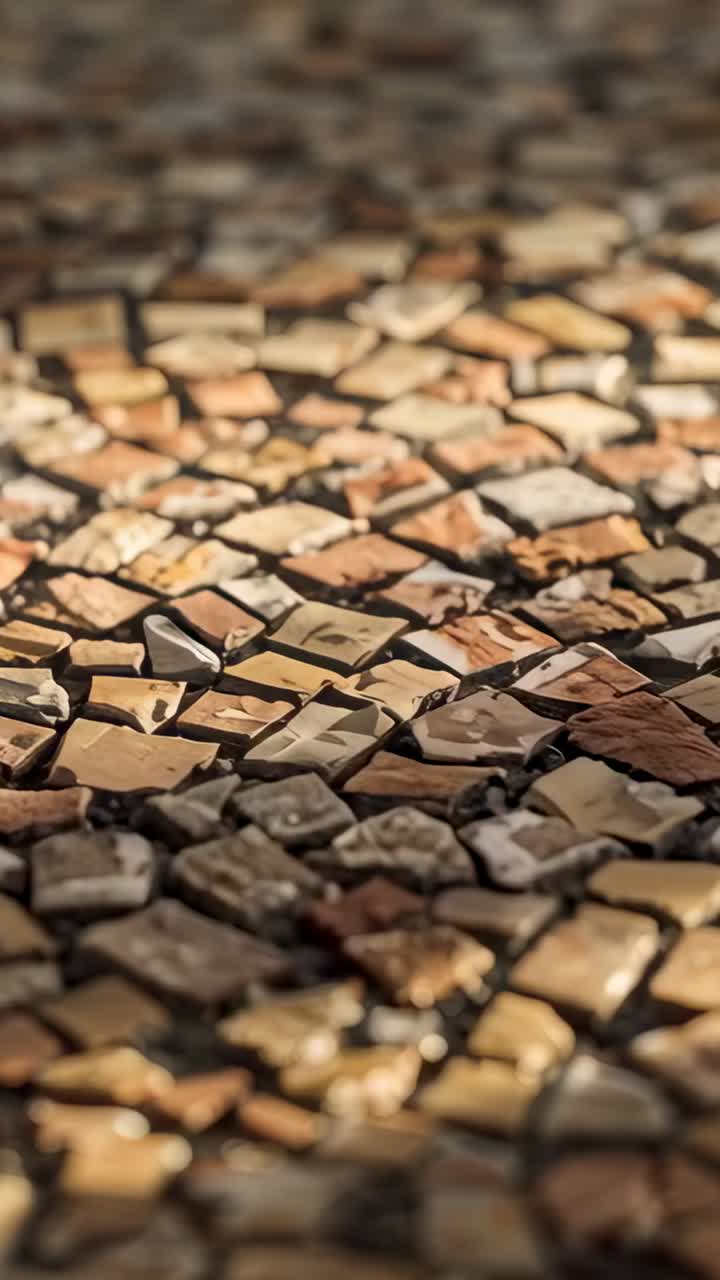 Vertical video: Shifting camera revealing mosaic tiles at plaza, aiming at showing dry brown leaf