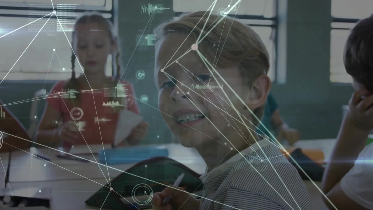 Blonde boy turning to camera holding pencil as overlay showing network nodes linking students