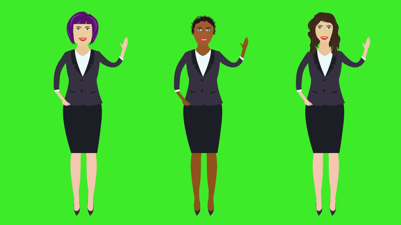 세 개의 비즈니스 여성 세트, 인사, 손으로 환영 제스처, 만화 애니메이션, 녹색 화면 크로마 키