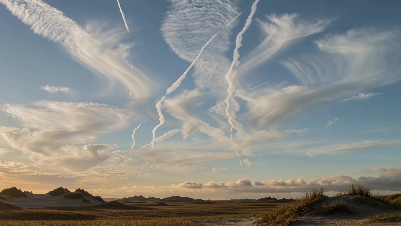 Spreading contrails drifting over dunes at dawn after aircraft passage, showing ribbed cloud