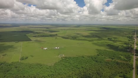 Toma-Aérea-De-Una-Sabana-Verde-Y-Un-Grupo-De-árboles-Con-Hermosas-Nubes-Dispersas-En-El-Cielo