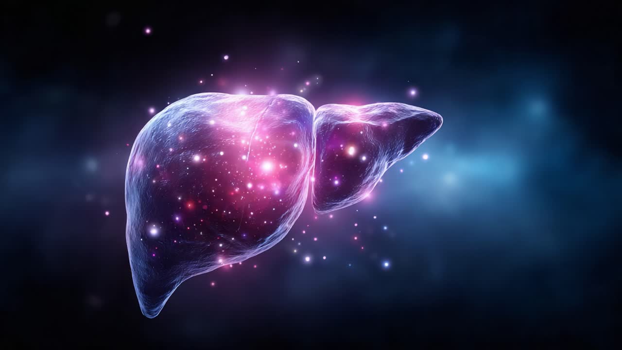 Eine atemberaubende Visualisierung einer kosmischen Leber, die Wissenschaft und Kunst durch lebendige Farben und kosmische Bilder verschmilzt und die Komplexität der menschlichen Anatomie und des Universums hervorhebt.