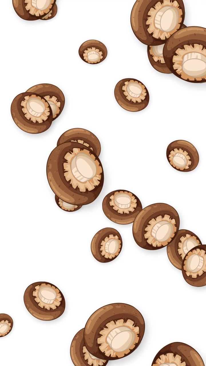 Stylized brown mushrooms fall vertically in a continuous loop against a clean white background.