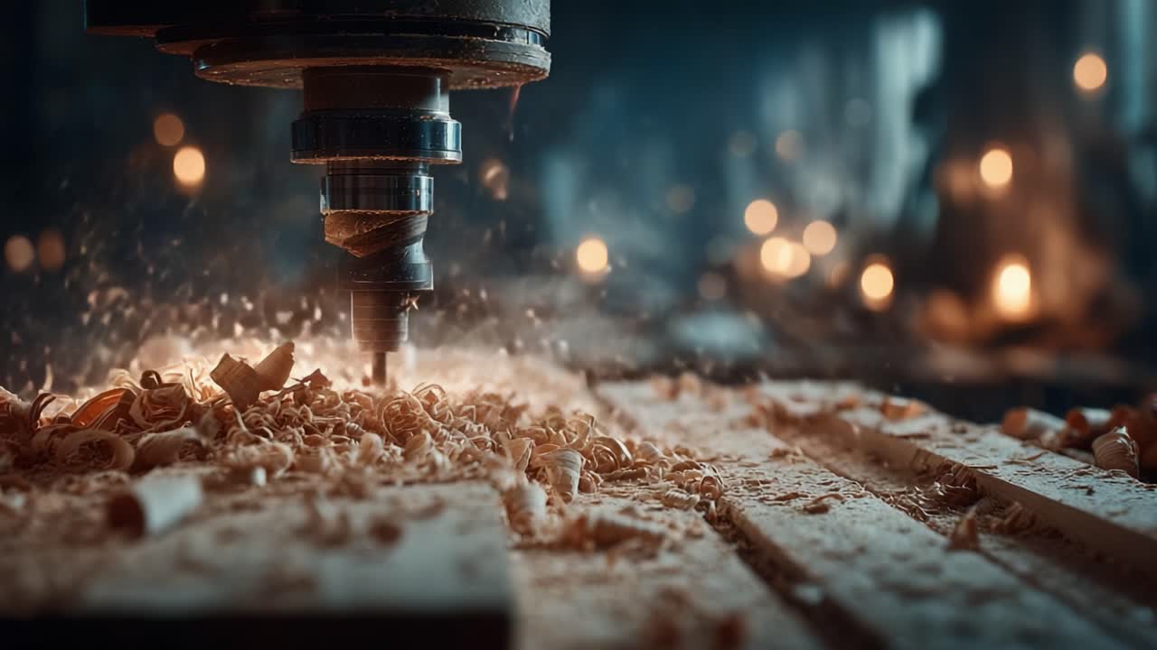 Precision Woodworking: Capturing the Essence of a CNC Router Carving Creations in a Workshop Filled with Glimmering Wood Shavings and Soft Ambient Glow