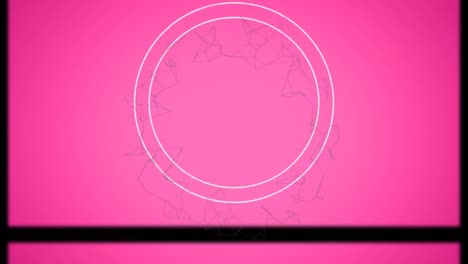 animation of white circle and rotating network with moving frame, on pink background