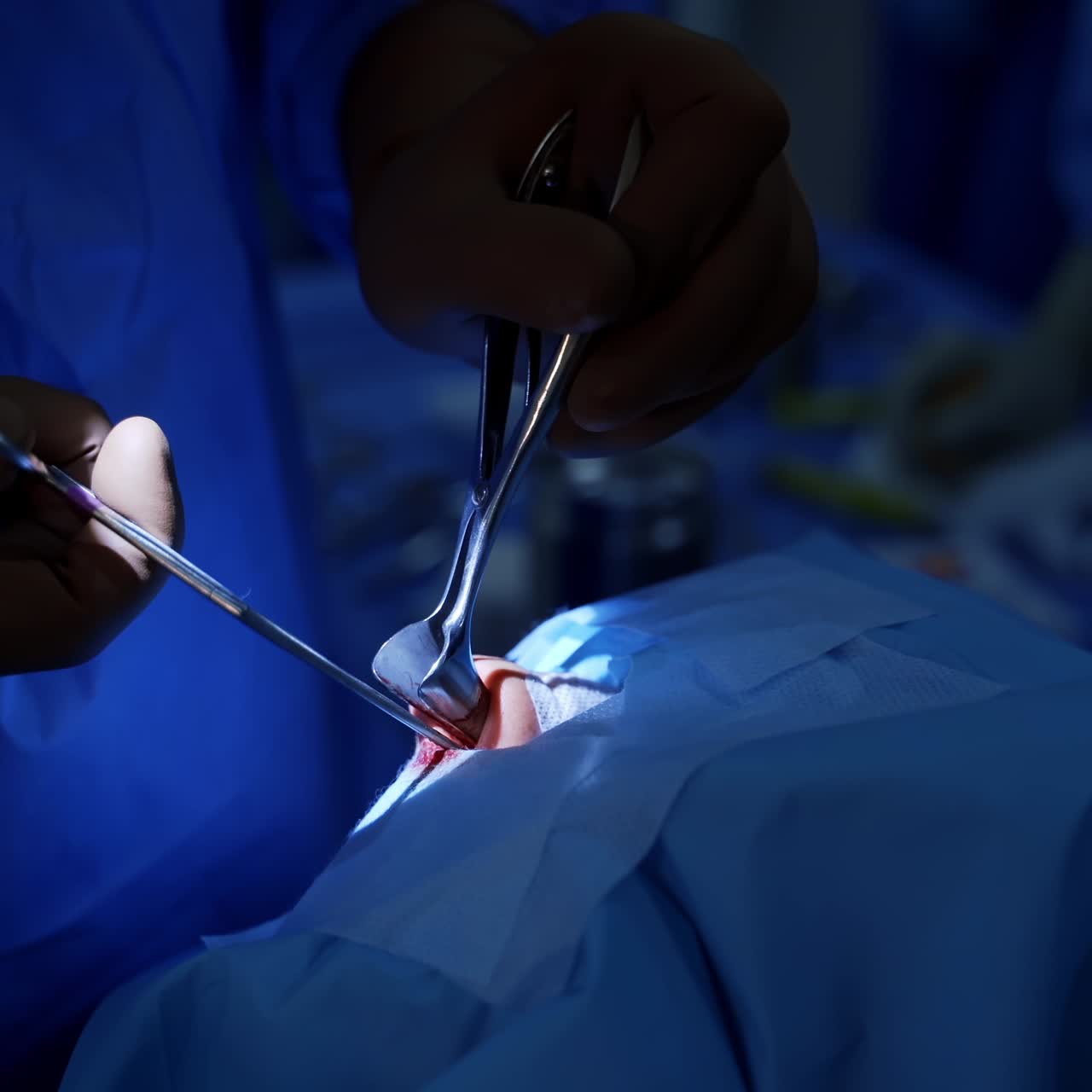 Kirurgs hænder opererer med instrumenter. Kirurg med medicinsk skalpel i hænderne. Lægens hænder udfører operation. Koncept for kirurgisk indgreb. Nærbillede. Blåt lys.