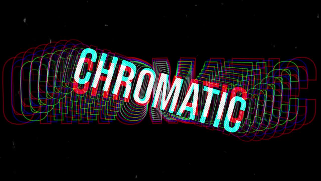 Animierter Text mit Glitch- und chromatischen Aberrationseffekten.