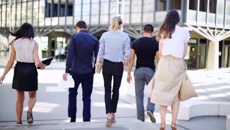 a group of young business people is going to meet. rear view.business people having a small talk on their way to the meeting