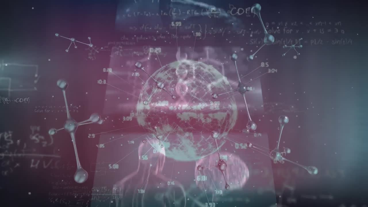 Animation of data processing and globe on black background