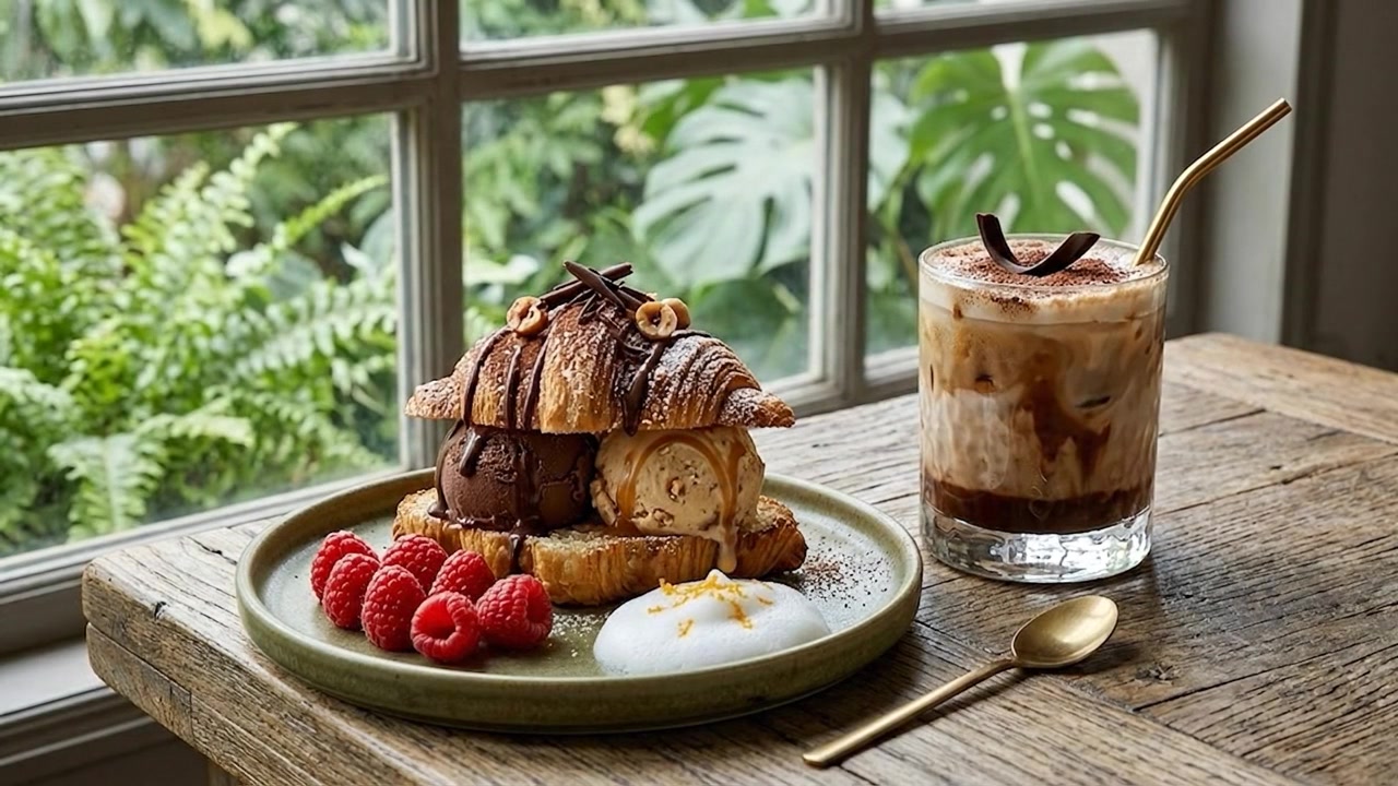 Sandwich gourmet al croissant con gelato e lamponi freschi