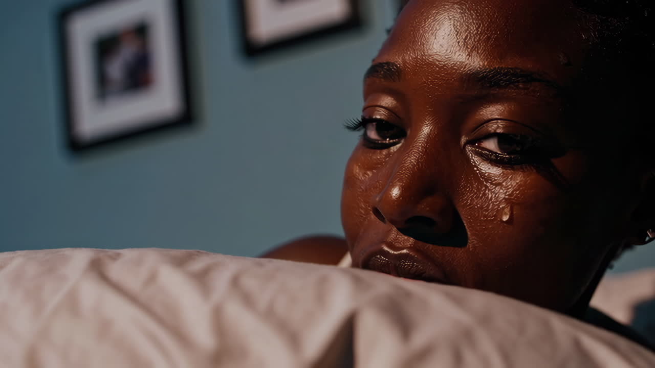 Sad Woman in Bed at Night