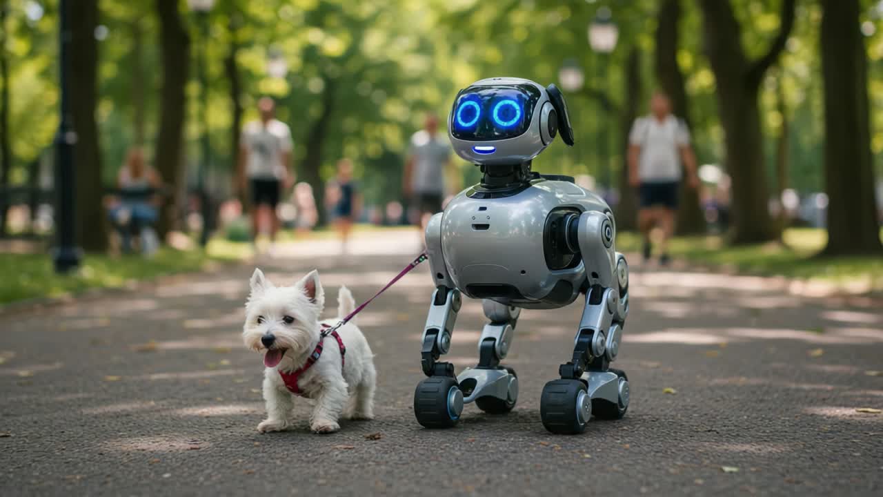A charming robotic dog companion joyfully walks alongside an adorable furry friend on a sunny park pathway filled with people, showcasing the bond between technology and pets