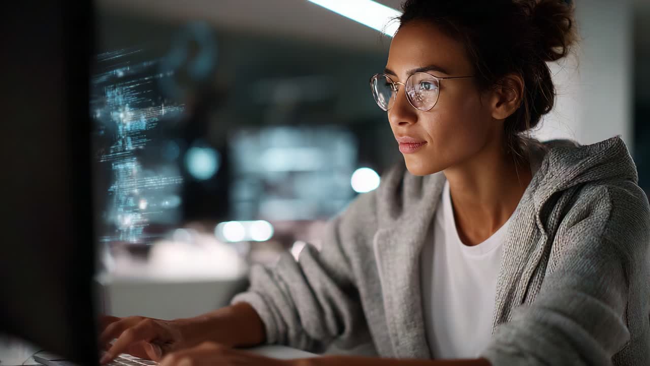 Focused young woman in glasses engaging with technology at a computer, immersed in her work with digital elements floating around her, showcasing innovation and creativity