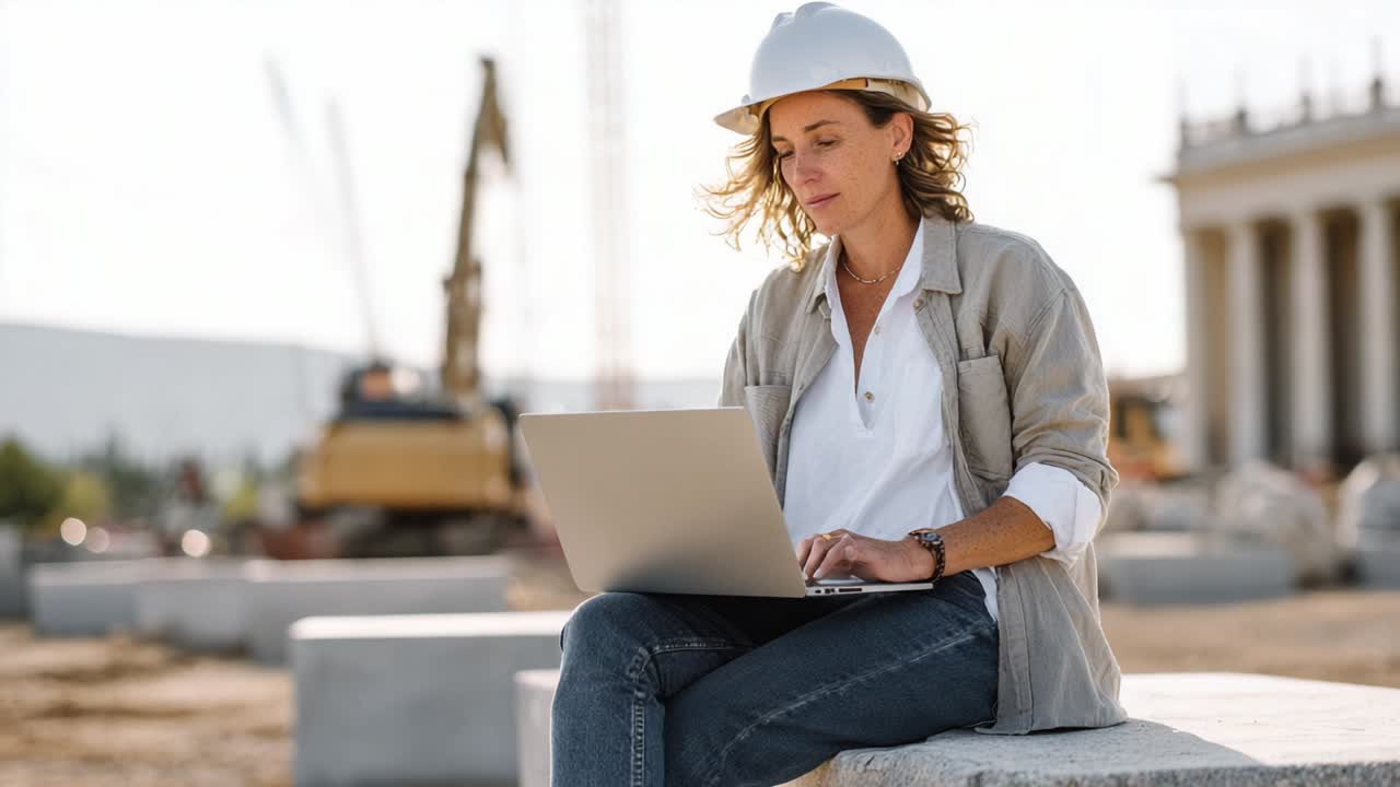 Woman Using Laptop at Construction Site