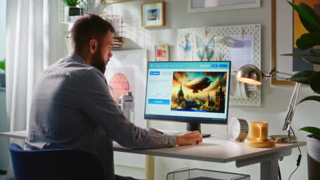 person using computer to tag an image of an airship in a london scene