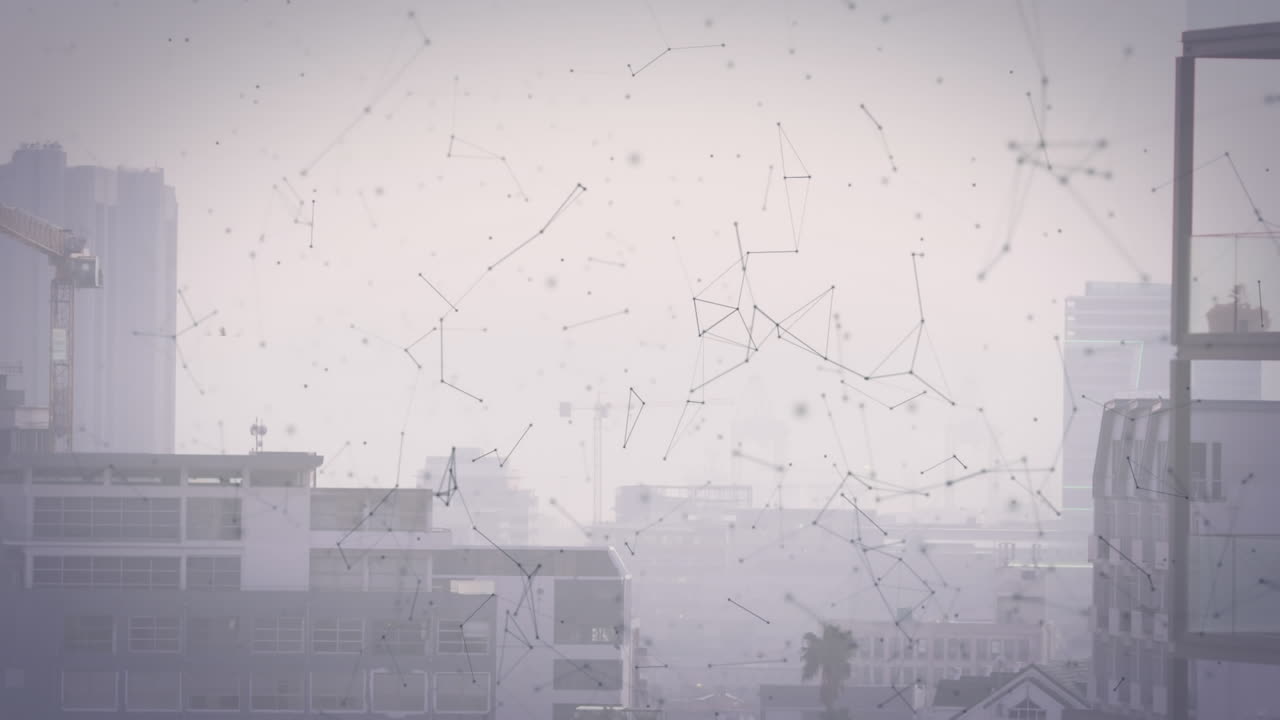 animación de conexiones y procesamiento de datos sobre el paisaje urbano