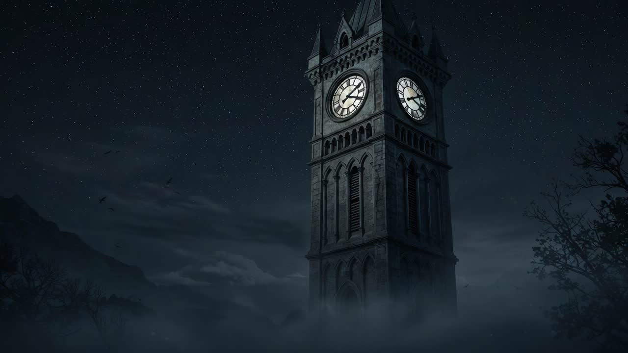 Mysterious Clock Tower Stands Tall Against a Starry Night, Shrouded in Fog, Emanating an Enigmatic Atmosphere While Keeping Time in Eerie Silence