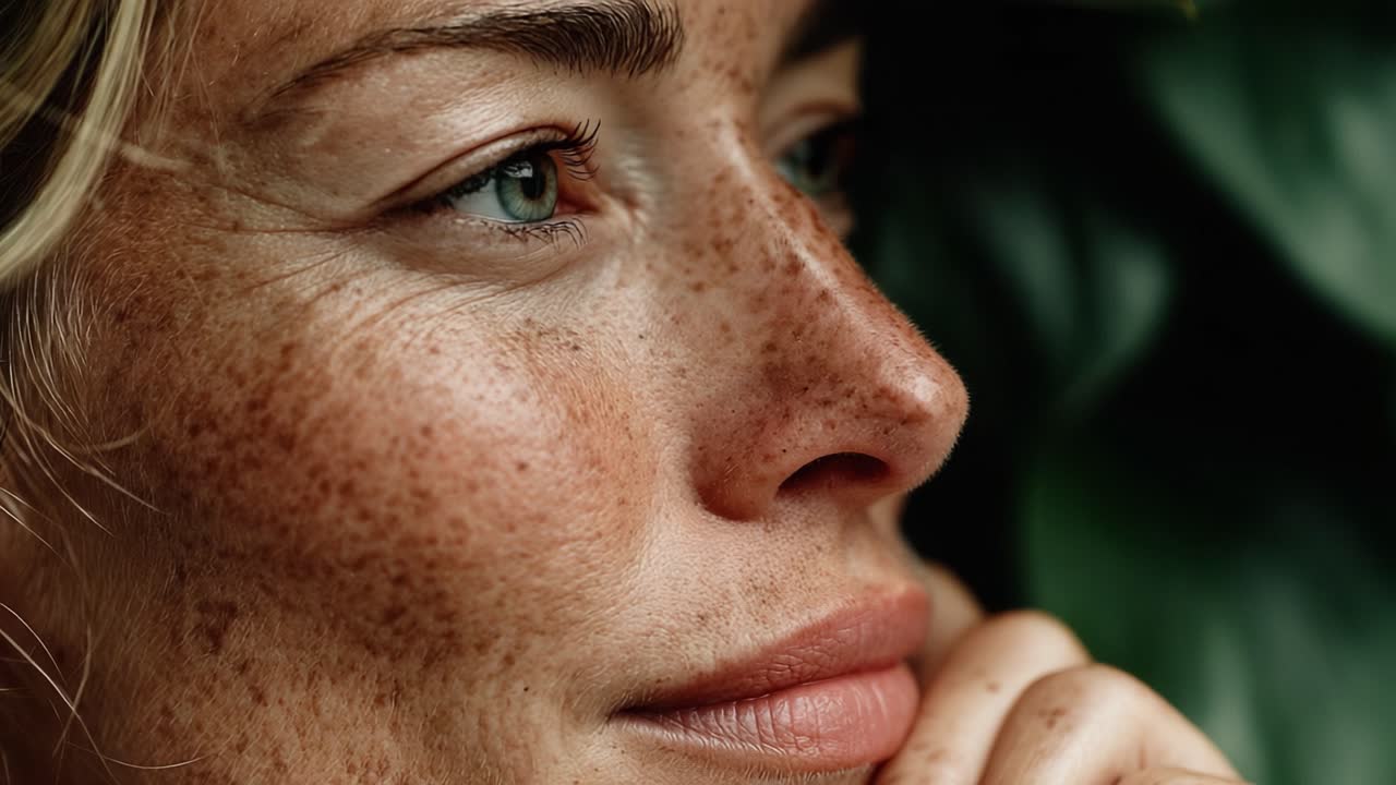 A Close-Up Portrait of a Young Woman with Freckles and Expressive Features, Surrounded by Lush Greenery, Reflecting Tranquility and Natural Beauty