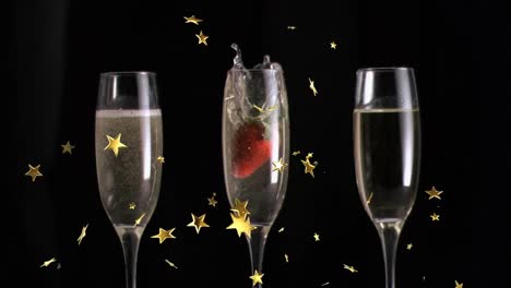 Animation-of-stars-floating-over-glasses-of-champagne-on-black-background