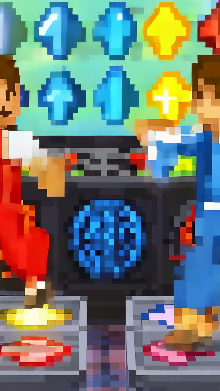Video verticale: duo di pixel che si muovono in rosso e blu, con prompt freccia coordinati su piattaforme arcade in competizione