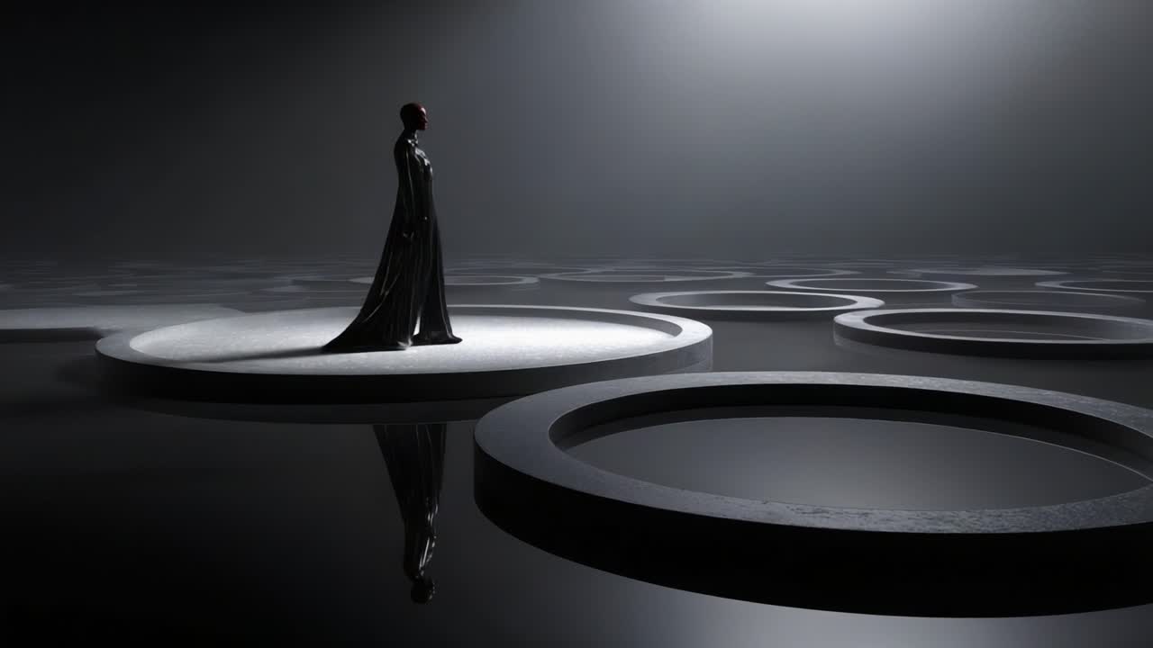 A lone figure in a dramatic space, standing on circular platforms amidst reflections, embodying a blend of elegance and solitude within a dark, surreal environment that contrasts light and shadow