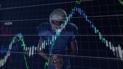 holding football, player standing over financial graph with rising stock animation