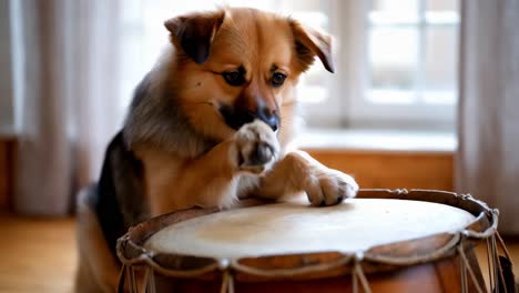 dog playing a drum