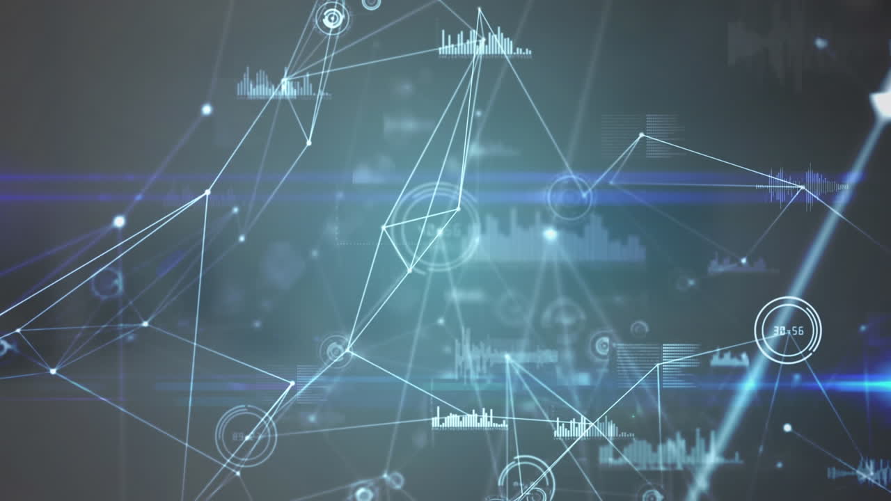 회색 배경에 대한 연결 네트워크, 데이터 처리 및 파란 빛 트레일의 애니메이션