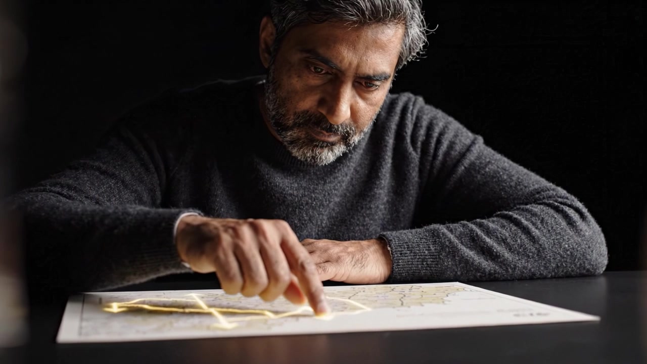 A thoughtful man studying a detailed map, tracing routes and planning, embodying the spirit of exploration and discovery in a focused moment of contemplation.