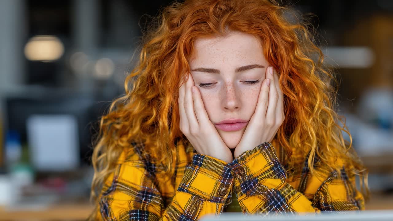 A Contemplative Moment: Capturing the Expression of a Young Woman with Freckles and Voluminous Orange Hair in a Yellow Flannel Shirt, Reflecting Deep Emotions
