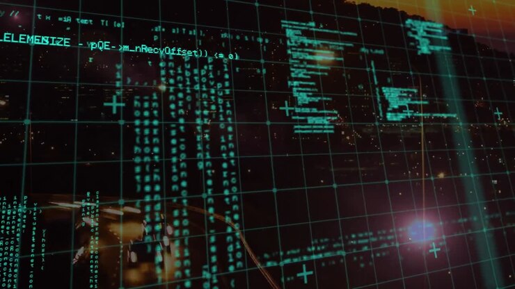 Animation of data processing over blurred city road traffic