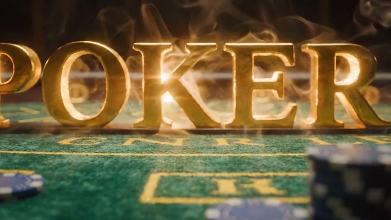 Un primo piano drammatico di un tavolo da poker con fiches scintillanti e l'audace insegna 'POKER', creando un'atmosfera emozionante per gli appassionati di carte e i giocatori